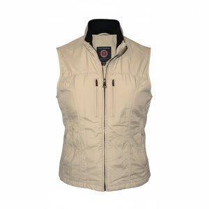 Scottevest Women's Sleeveless Travel Vest in Cream with Black Collar